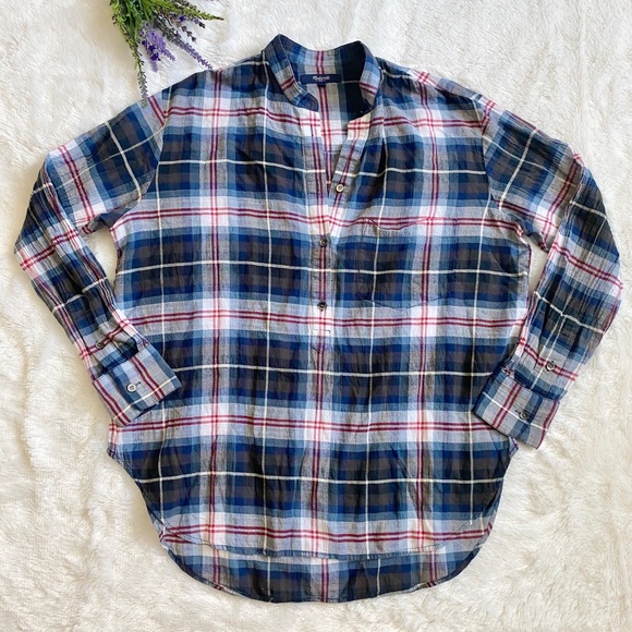 MADEWELL Collarless Plaid Popover Top - Picture 2 of 5
